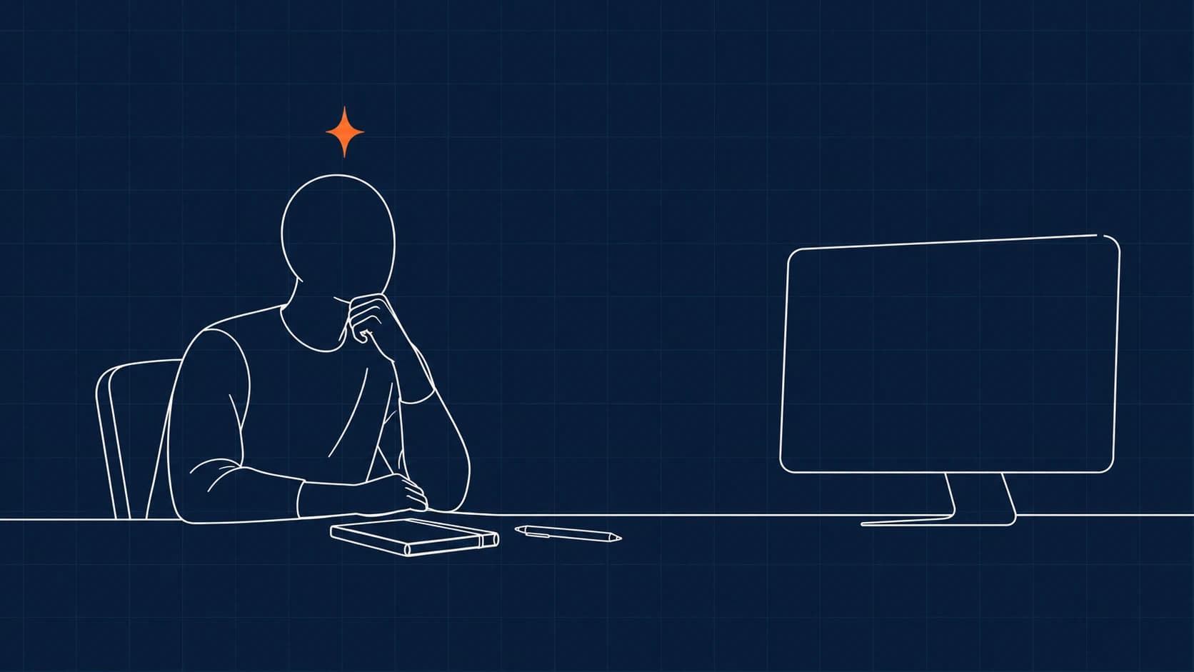 A business owner at a desk with a spark of an idea above their head